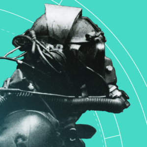 Graphic for N.E.D.U. exhibit showing diver in experimental head gear.