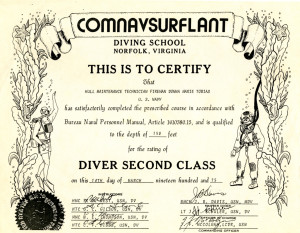Tobias's Dive School Certificate