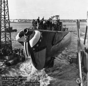 Submarine USS Sealion in water during launching ceremony