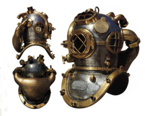 Historic diving helmet shown from three angles