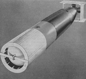 Drawing of a MK 13 torpedo with wooden stabilizers attached to nose and tail