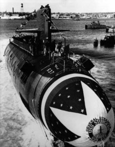 Submarine in water during launch ceremony