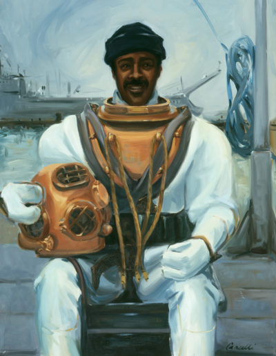 A painting of Master Diver John B. Davis wearing a Mark 5 diving rig.