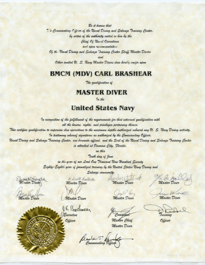 A Master Diver certificate for Carl Brashear signed by Master Divers and officers from the Naval Diving and Salvage Training Center.