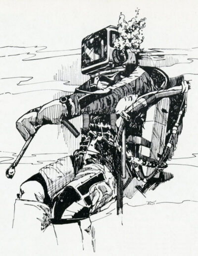 Black and white ink drawing of the Mark 12 surface supplied diving system.