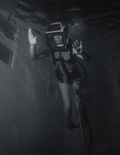 Diver Donna Tobias wears a Mark 12 helmet during an underwater test.