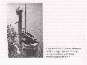 Scan from book showing U-889 (IXC/40) after its surrender with snorkel mast and air scope fully raised. On the Type IXs either scopes could be used while snorkelling. Image courtesy of NARA.