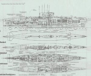 Scan from book showing detailed diagrams of Type XXVIW. Diagram source is Uboottyp XXVI – Generalplan by Fritz Köhl