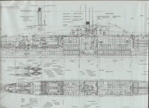 Scan from book showing detailed diagram of Midship Section of Type XXI Showing Extensible Snorkel Location. Source: Drawing Uboottyp XXI – Generalplan 1 by Fritz Köhl