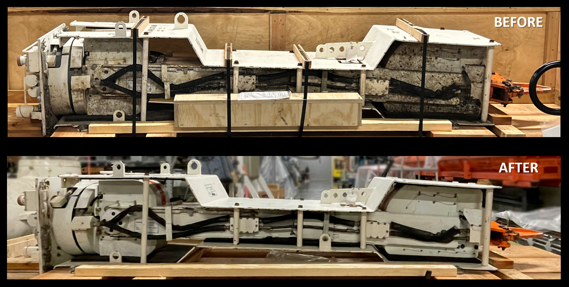 NR1 Manipulator Arm Before and After Before and after images of conservation treatment of NR-1 research submarine manipulator arm. "Before" image includes lots of grime and dirt. "After" image appears to be a very clean artifact.
