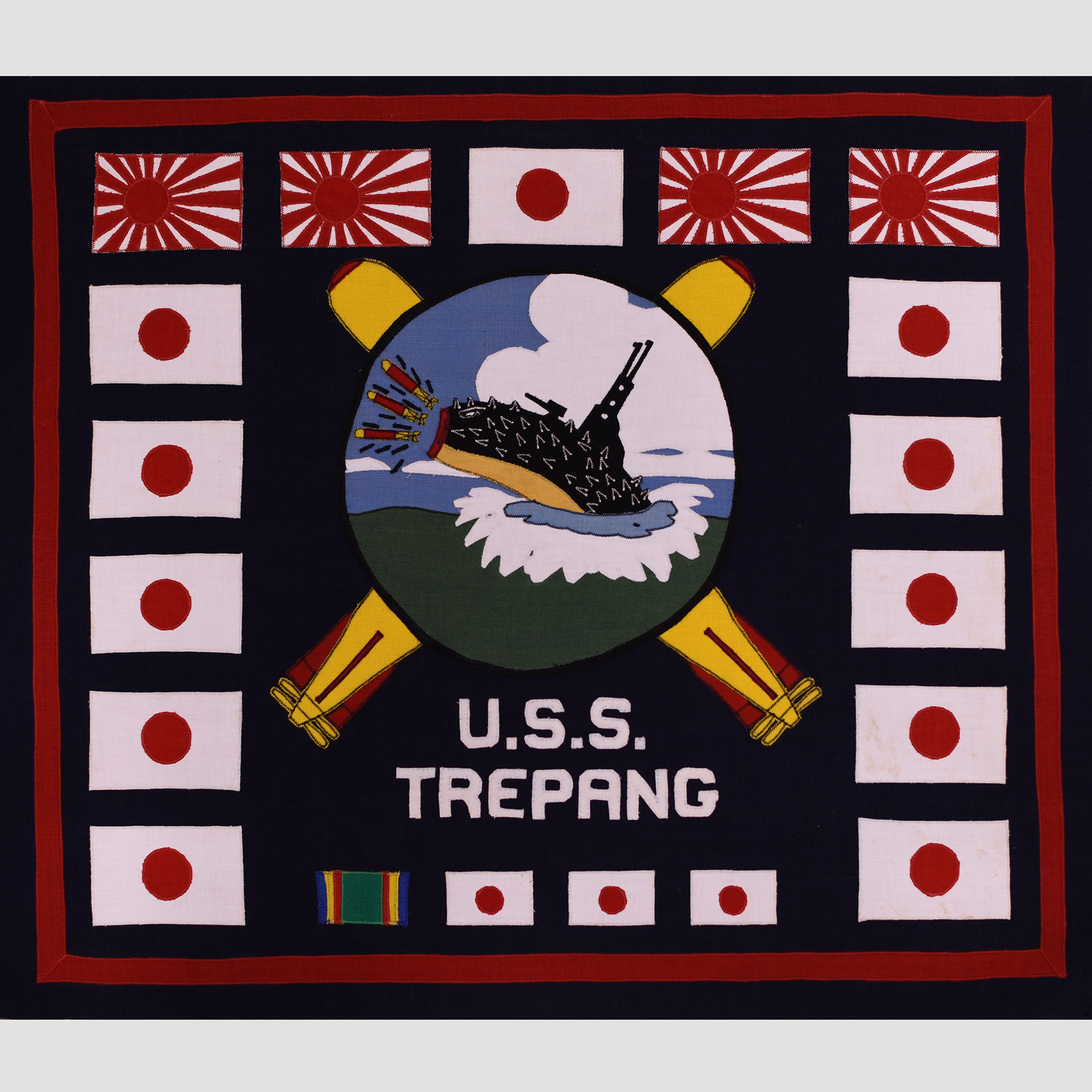 Trepang World War 2 battle flag with symbols of the submarine's achievements