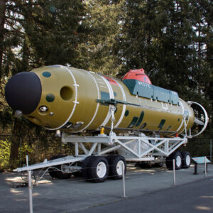 green submersible Mystic sitting on support trailer